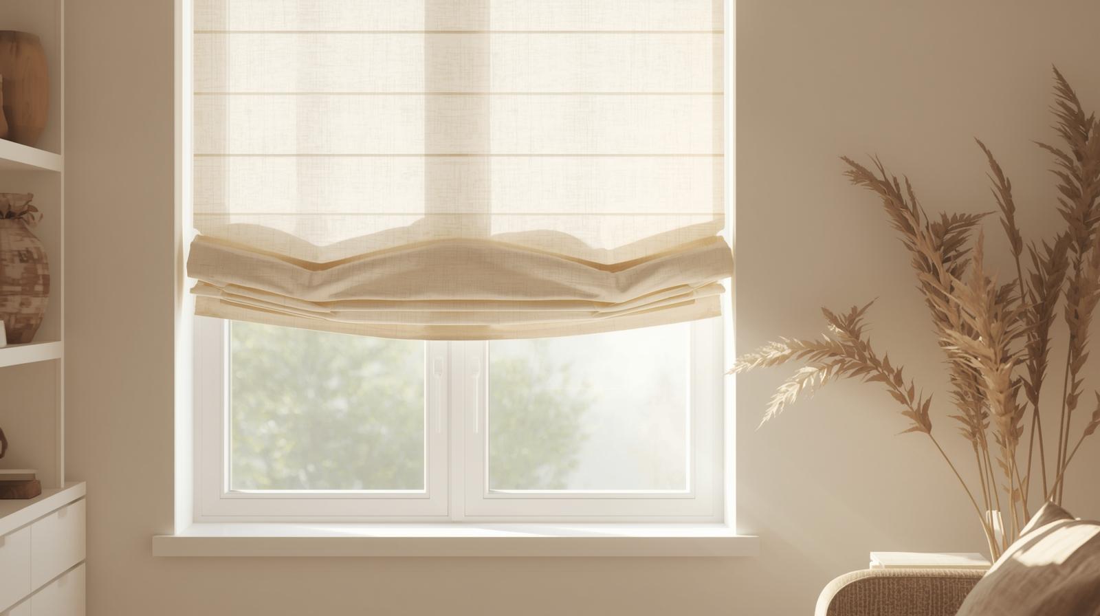 Bright living room with light-filtering Roman blinds partially raised on window, gentle sunlight diffused through fabric, calm and airy atmosphere, modern home interior, realistic image