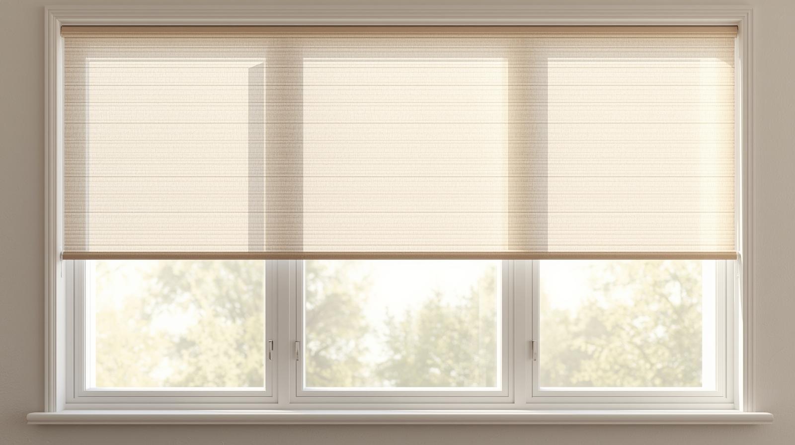 Bright room with light-filtering roller blinds partially open on wide window, sunlight diffused through fabric, airy and calm atmosphere, modern home interior, realistic image