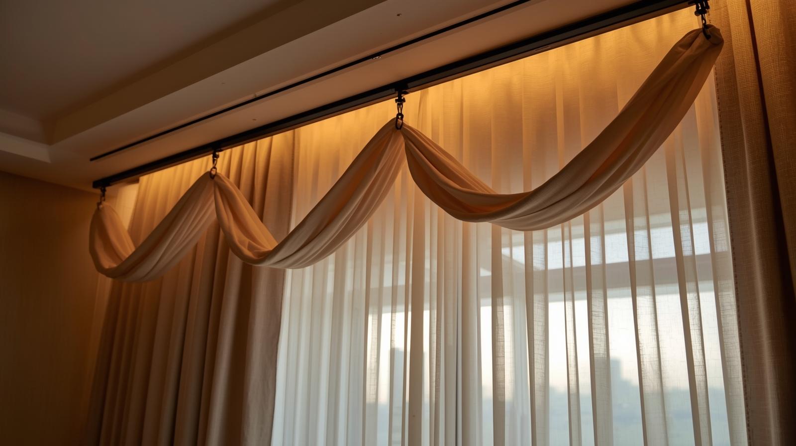 Cozy bedroom with track curtains installed on ceiling track, soft fabric folds, warm ambient lighting, hotel-style luxury interior, realistic photography