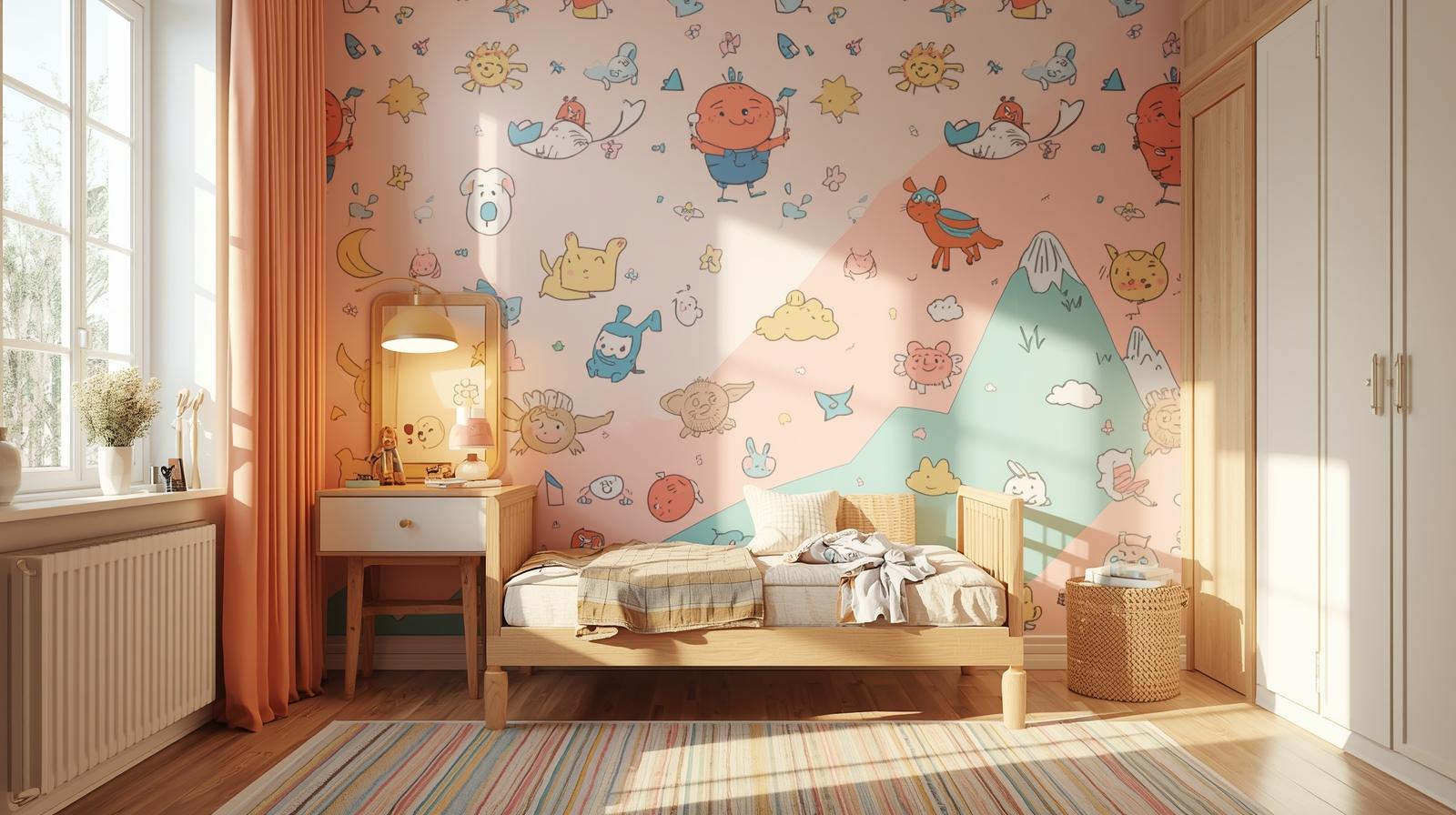 Kids’ bedroom with cartoon-themed wallpaper on wall, fun characters and patterns, vibrant yet soft colors, cozy lighting, joyful and creative kids’ room design, realistic image