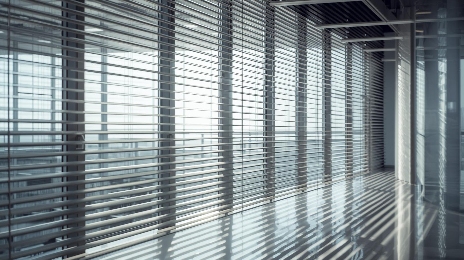 Professional office space with sleek Venetian blinds on large windows, controlled daylight, clean corporate interior, modern and minimal design, realistic photo