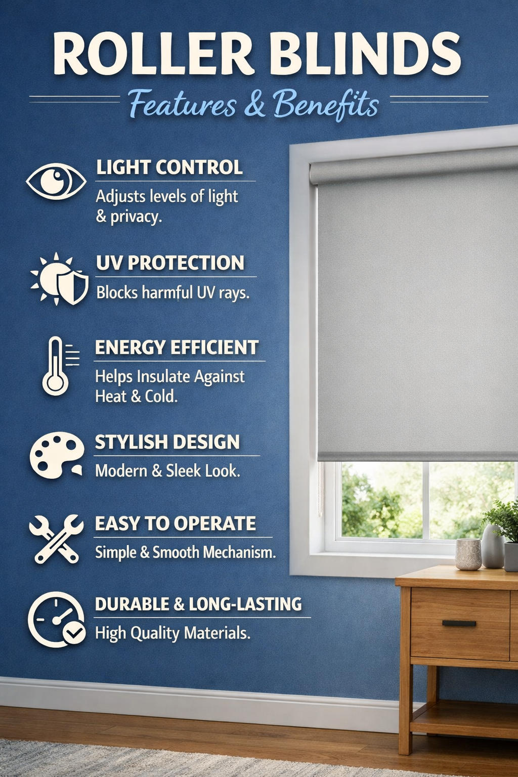 Roller Blinds in Hyderabad,<br />
Benifits of Roller Blinds 